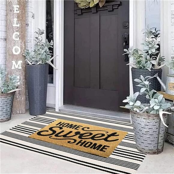 Black and White Striped Rug 24'' x51''Outdoor Front Porch Rug Hand-Woven Machine - Picture 4 of 7